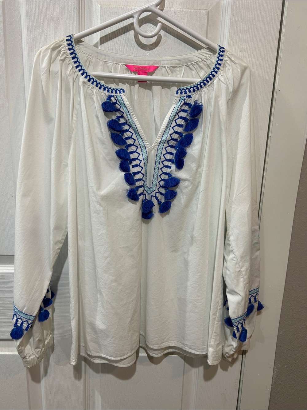 Lilly Pulitzer White Peasant Blouse with Blue Tassel Embroidery - Women Tops